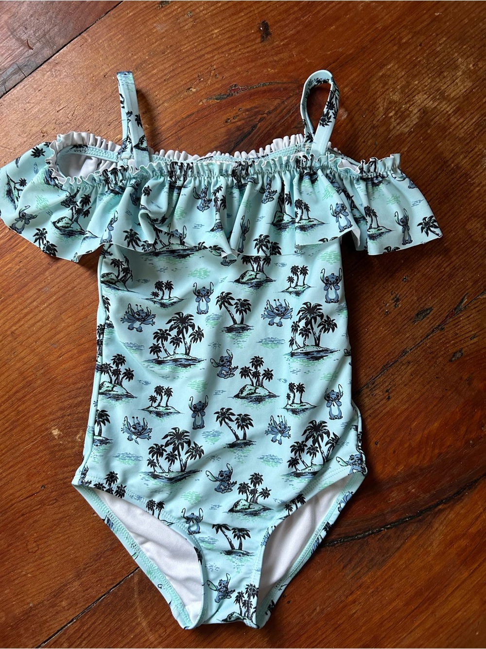Disney Girls' Light Blue Tropical Stitch Ruffle One-Piece Swimsuit